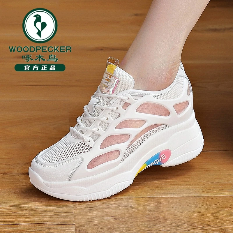Woodpecker 2025 spring and summer new style mesh shoes for increased height and casual breathable mesh shoes for women versatile white shoes thick sole