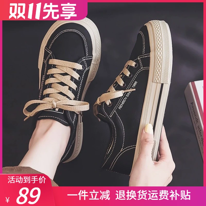 Renben 2025 spring women's shoes thick sole black retro versatile casual board shoes low top new breathable canvas shoes