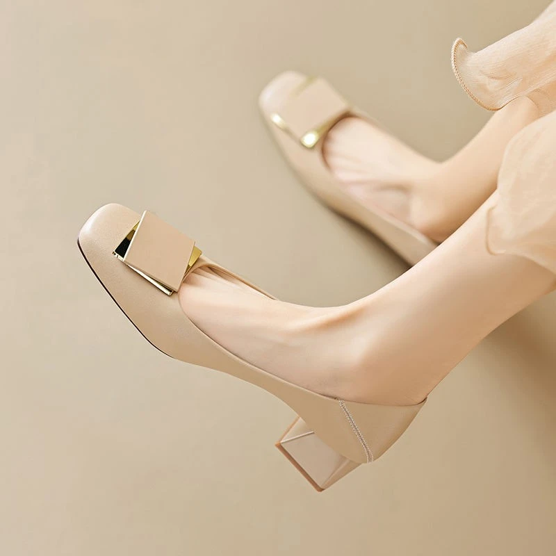 genuine leather mid-heel single shoes for women with shallow mouth spring and autumn new square toe versatile thick heels high heels low heels work genuine leather women's shoes