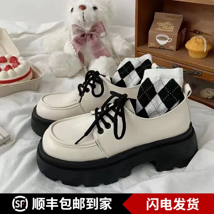 White lace-up leather shoes for women British style 2024 spring and autumn new thick-soled sponge cake to enhance Japanese jk single shoes