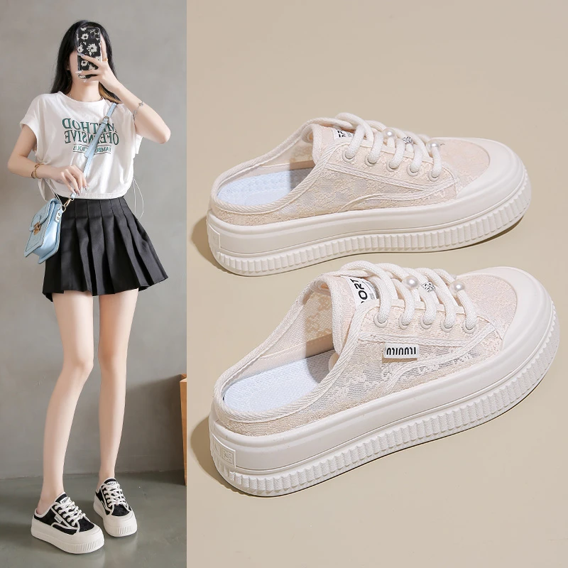 White shoes for women 2024 summer new Korean version of versatile mesh breathable casual board shoes for women semi-trailed lace fashion trend