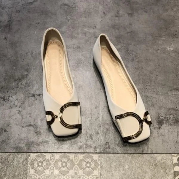 Flat shoes for women 2025 new Korean style fashion British style metal buckle square toe shallow mouth comfortable soft sole single shoe letters