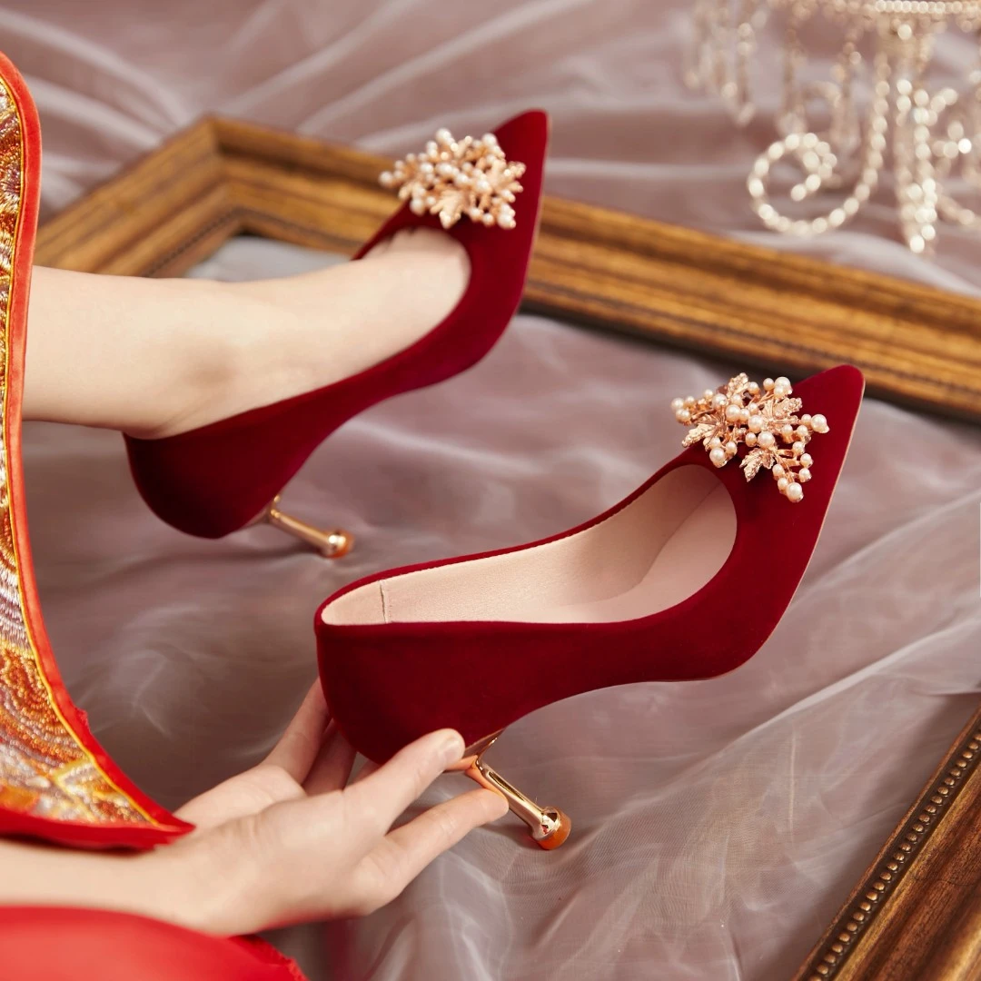 Xiuhe Wedding Wedding Dress Two Wedding Wedding Shoes for Women 2025 New Red Fleece-Untifiable High Heels Chinese Bride Wedding Shoes