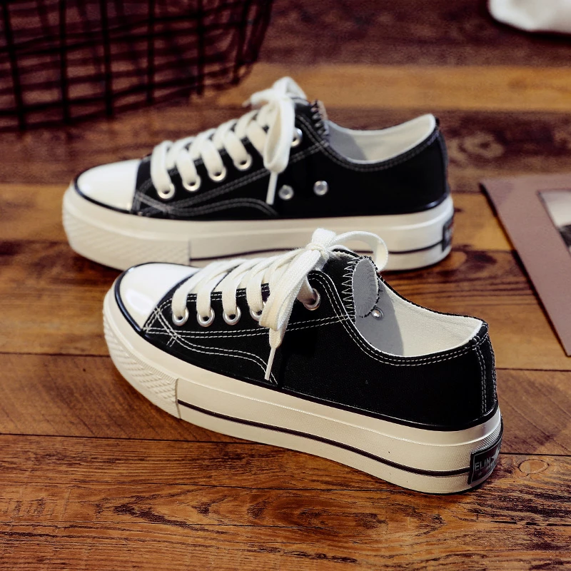4CM high and low top canvas shoes for women 2024 four-season thick sole shoes versatile classic basic white shoes