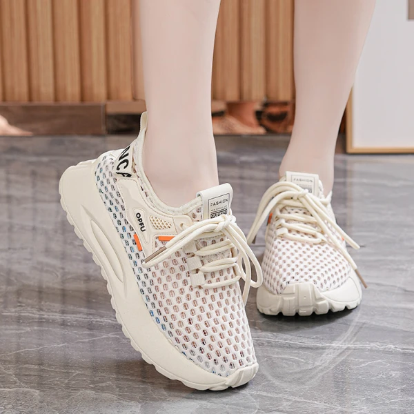 Woodpecker 2024 Flying Weaver Women's Shoes Summer New Versatile Casual Mesh Breathable Soft Sole Running Thin Thick Sole Lightweight
