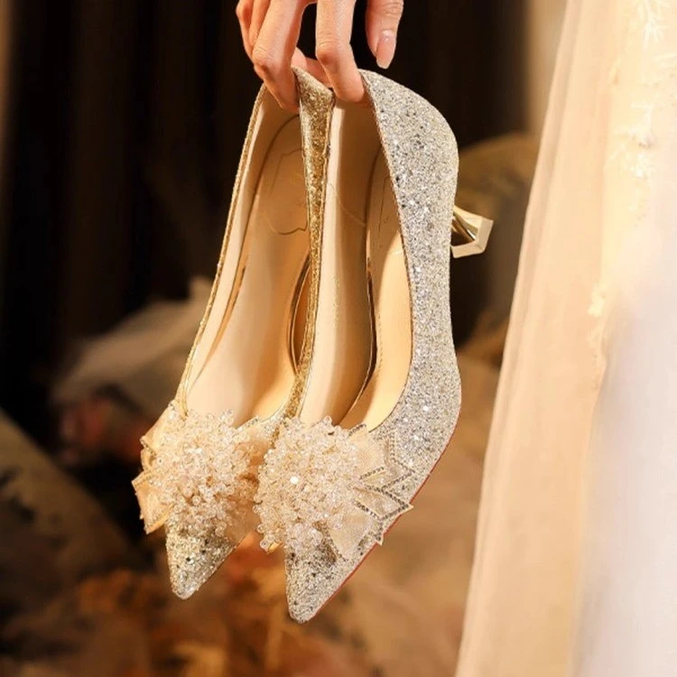 French pointed high heels for women 2025 new Xiuhe wedding dress with two-piece bride shoes that are not tired and can wear low-heeled pregnant women