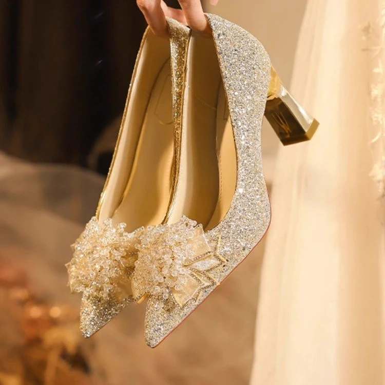 Thick-heeled bridal shoes for women French main yarn Xiuhe crystal shoes 2025 new fairy-feng crystal shoes banquet dress shoes
