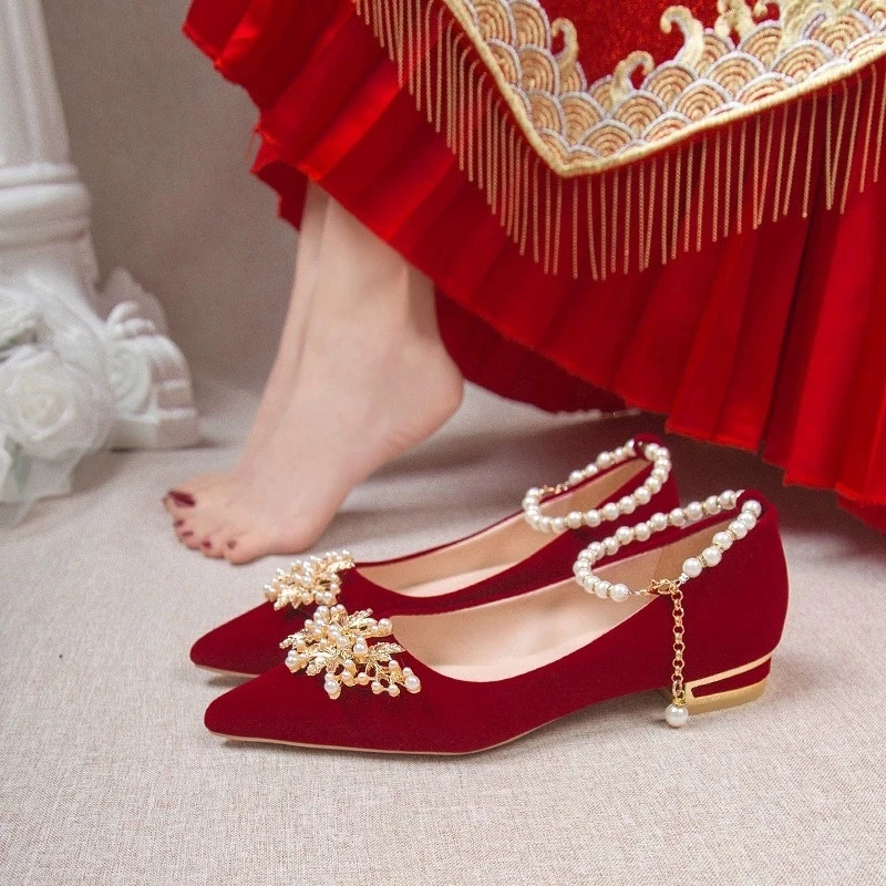 Flat-soled flowers wedding shoes Hexiu wedding dress two-wear pregnant women's red bride shoes without tired feet 2025 new high heels