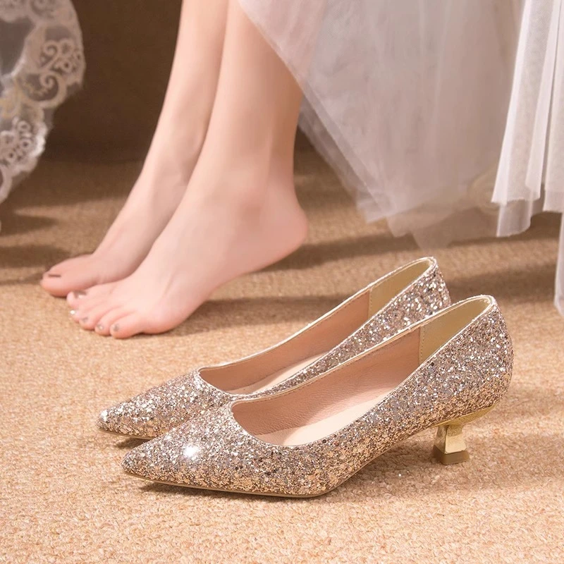 Wedding shoes champagne color 2024 new low heel light mouth high-end bridal shoes for women Xiuhe wedding dress without tiring feet