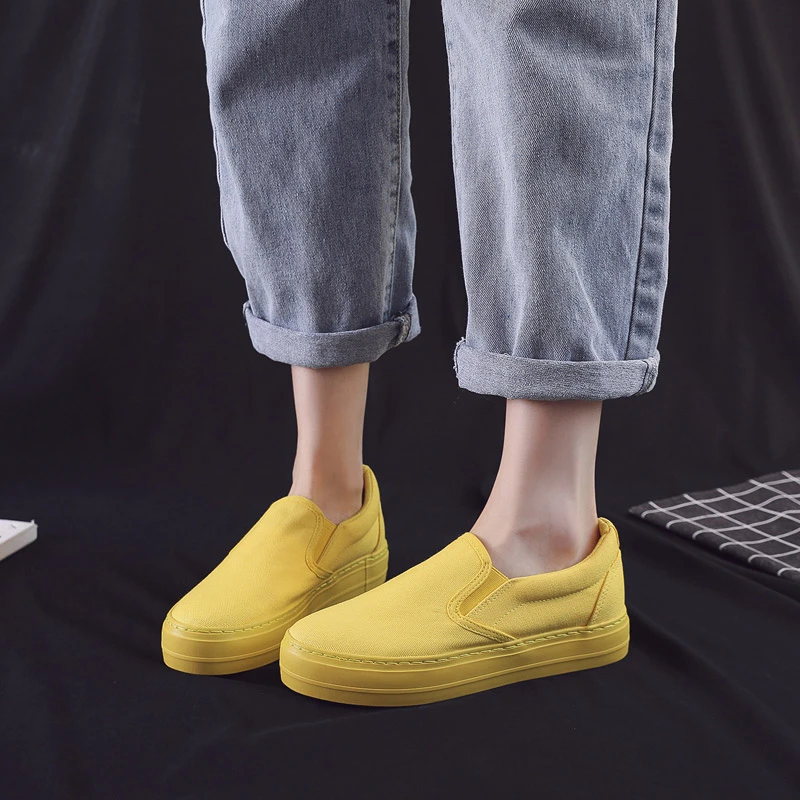 Spring board shoes yellow women's shoes thick-soled lazy canvas shoes green one-foot-pedal student shoes sponge cake casual work shoes