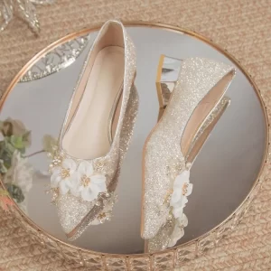 Champagne-colored bride shoes wedding shoes 2025 new thick heel high heels for women pregnant women not tired of their feet wedding crystal single shoes