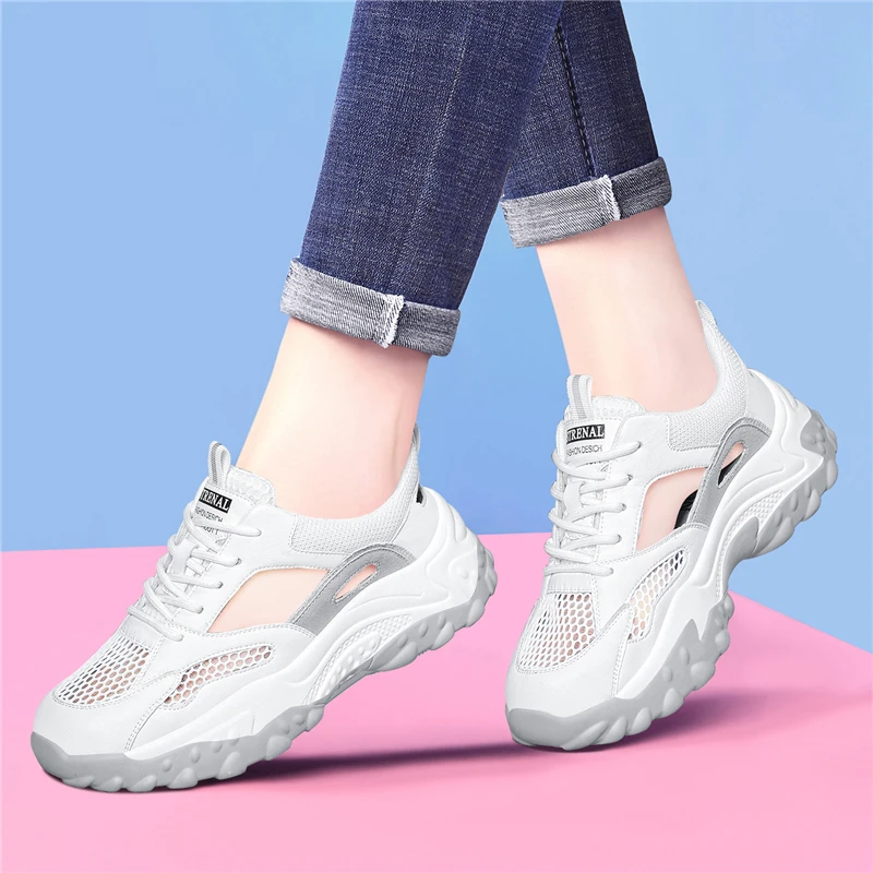 Genuine leather bag-toe daddy sandals for women 2025 summer new breathable mesh running shoes hollow sports casual shoes