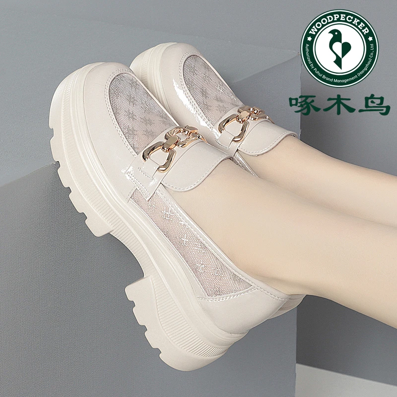 Woodpecker summer new mesh thick sole loafers women's soft sole thick heel round toe loafers hollow women's leather shoes