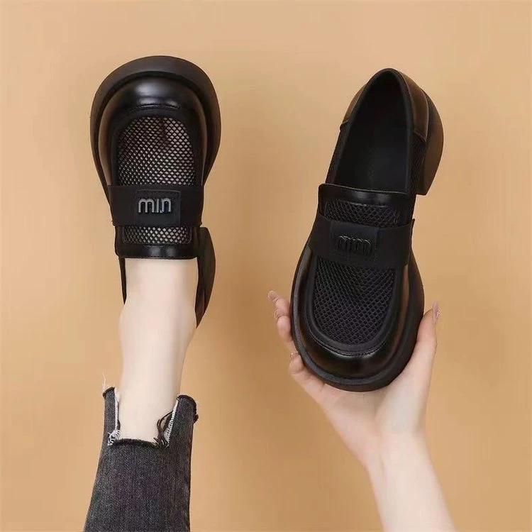 Mesh hollowed-out women's shoes 2024 summer new single shoes spring and autumn breathable thick-soled loafers British style white leather shoes