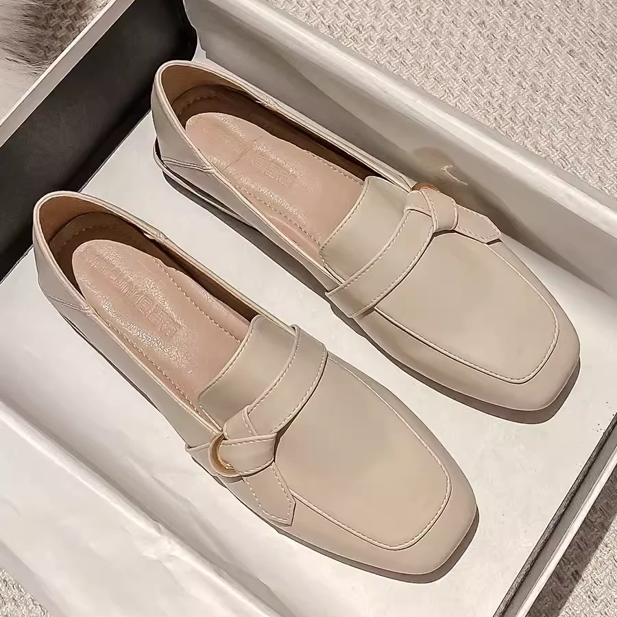 Uncle Ma Loafers Women's 2024 New Leather Shoes Square Toe Commuter Flat Shoes Soft Sole Single Shoes Low Heels Versatile