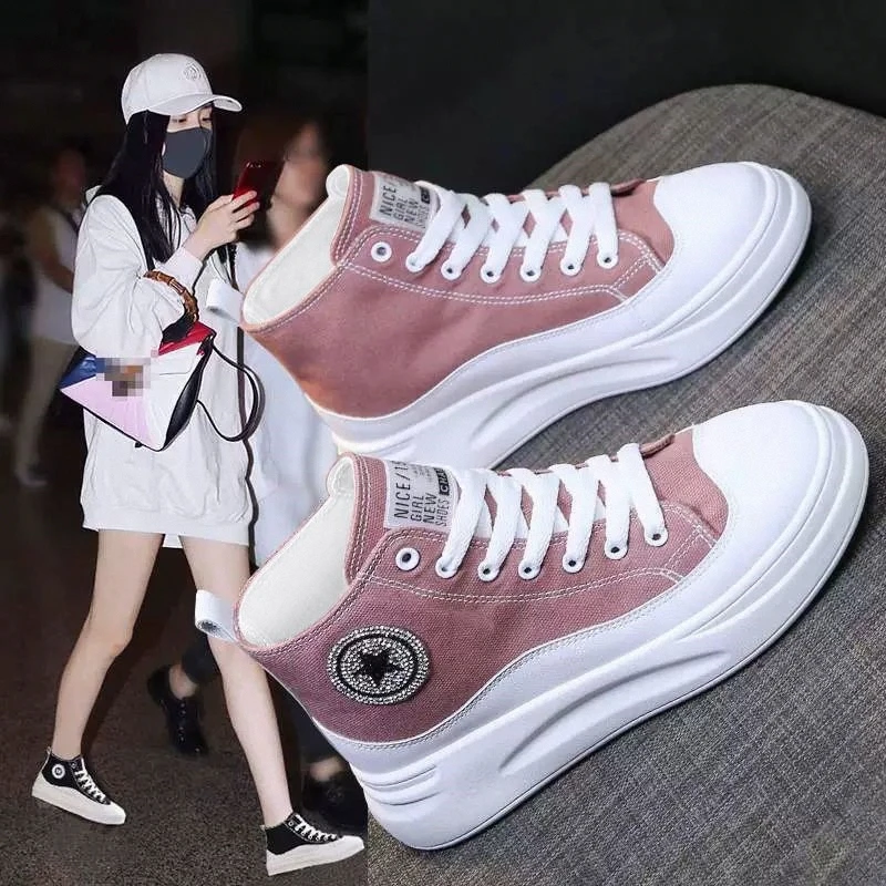 High-top canvas shoes for women thick-soled sponge cake shoes 2024 summer new Korean style student board shoes versatile casual sports shoes