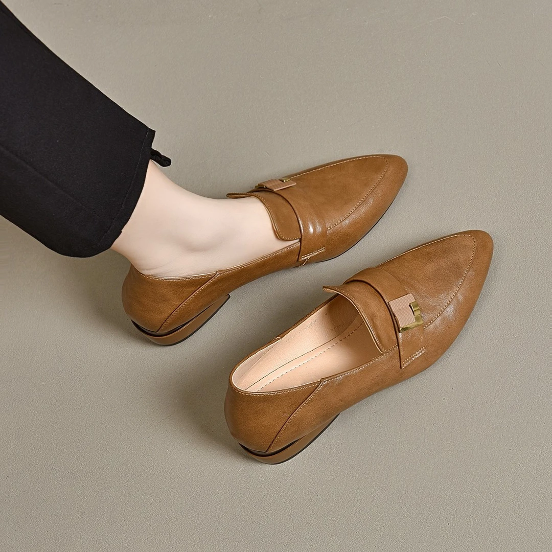 Pointed leather loafers Korean style thick heel deep mouth single shoes versatile buckle mid-heel leather shoes soft sole women's shoes