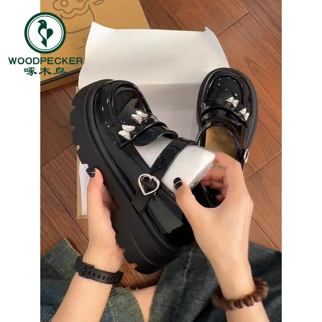 Woodpecker black patent leather college style small leather shoes for women thick sole 2025 spring and autumn new Mary Jane shoes loafers