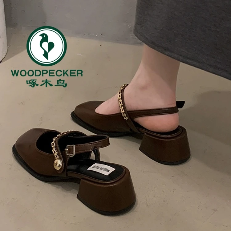 Woodpecker Women's Spring and Summer New French Beautiful Niche Tough Heel Skirt Silver Mary Jane Women's Shoes