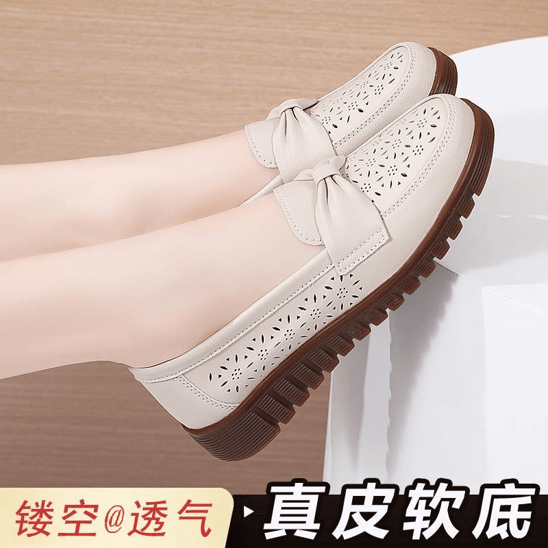 Summer large-size women's shoes 41-43 genuine leather beans shoes hollowed out soft sole single shoes pregnant mother's leather shoes