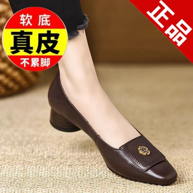 Genuine high-end genuine leather single shoes for women with low heels in spring and autumn new temperament square toe shallow mouth single shoes thick heels comfortable leather shoes