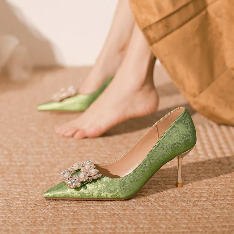 French temperament new Chinese green rhinestone square buckle with cheongsam high heels for women 2024 new dress wedding shoes