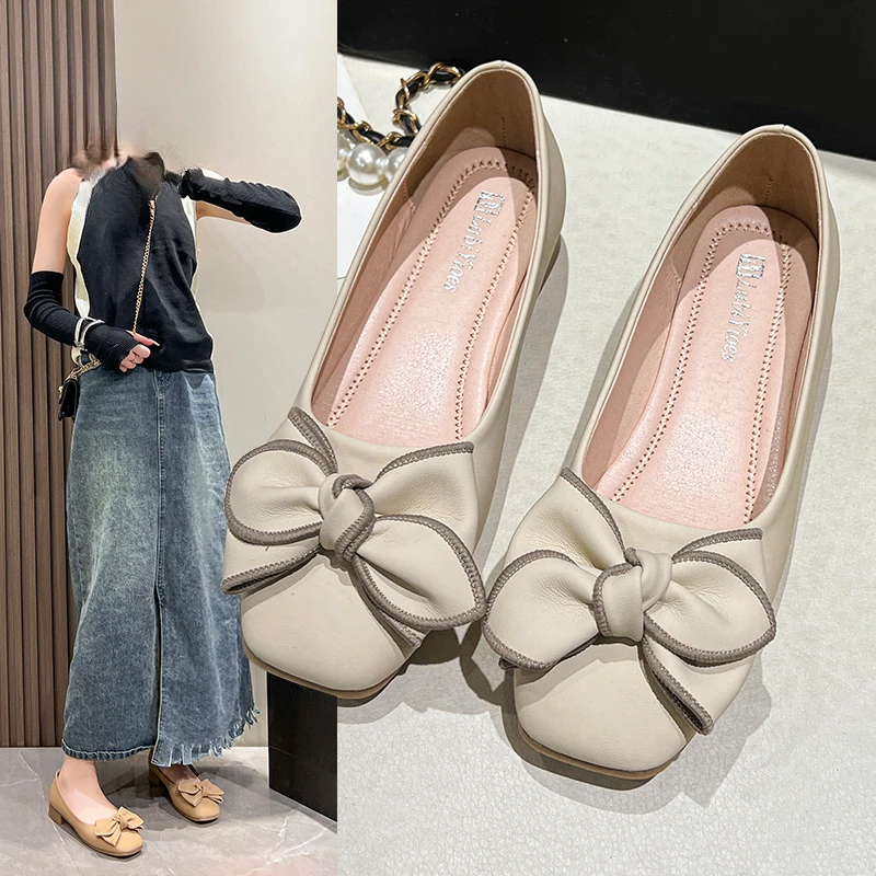 Huizhou hot flat single shoes for women 2025 spring new versatile light mouth bow fairy shoes square toe bean shoes