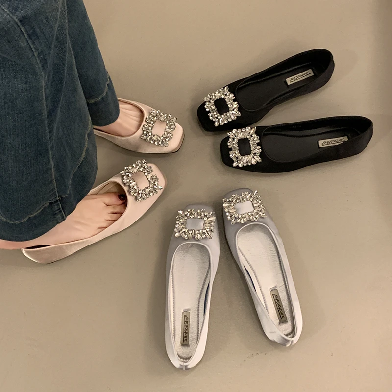 French rhinestone satin square-toe single shoes for women 2025 new summer flat-soled temperament with skirt Mary Jane shoes scoop shoes