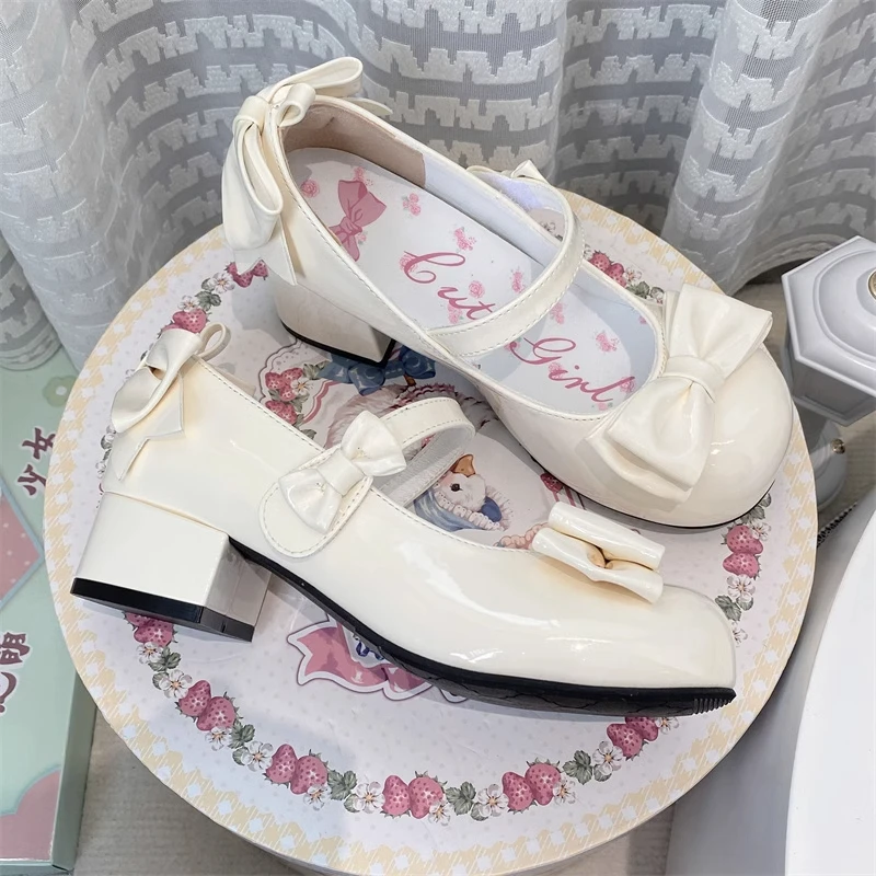 Original Lolita high heels tea party daughter elegant round head full leather mid-heel Lolita leather shoes