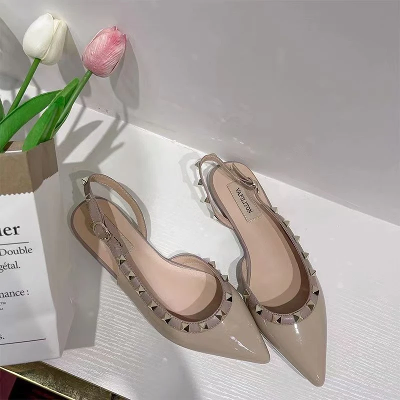 Rivetted side empty sandals for women flat 2025 spring new willow nail toe shoes sexy pointed toe versatile single shoes ins