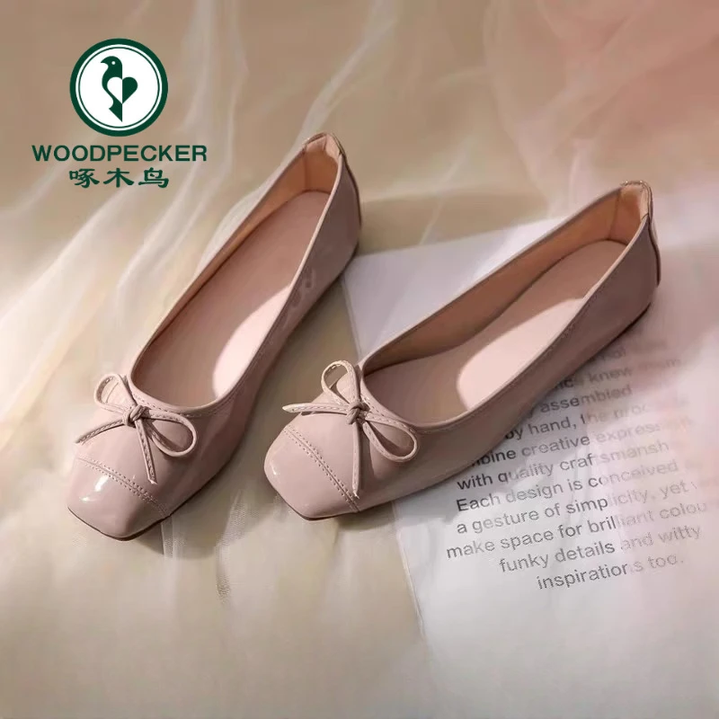 Woodpecker Small Flat Solemn Versatile Single Shoes Women's 2025 Spring and Summer New Light Mouth Soft Sole Bow Night Shoes