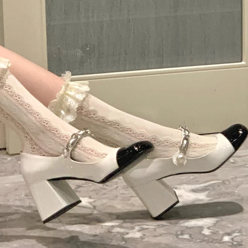 Crazy high heels summer pearl Mary Jane 2025 single shoes women's thick heel square head one-shaped buckle versatile French soft leather