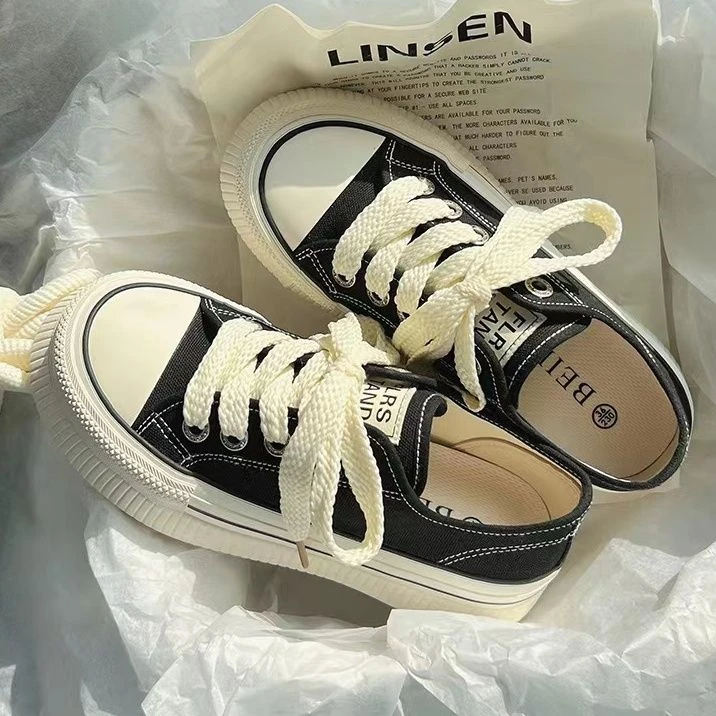 fufu thick-soled canvas shoes for women 2025 spring and autumn niche design canvas shoes Korean version versatile white shoes shoes