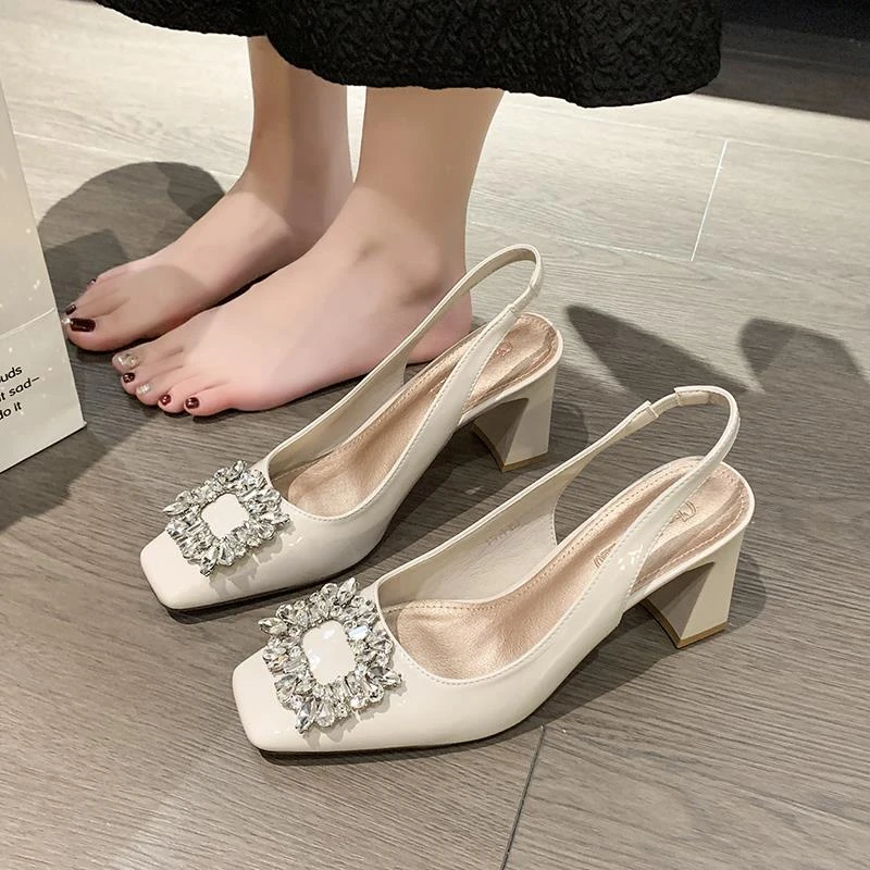 VRESH Fashion Work Rhinestone Square Buckle High Heels Women's Thick Heels Trip Strap Women's Single Shoes Mary Jane Small