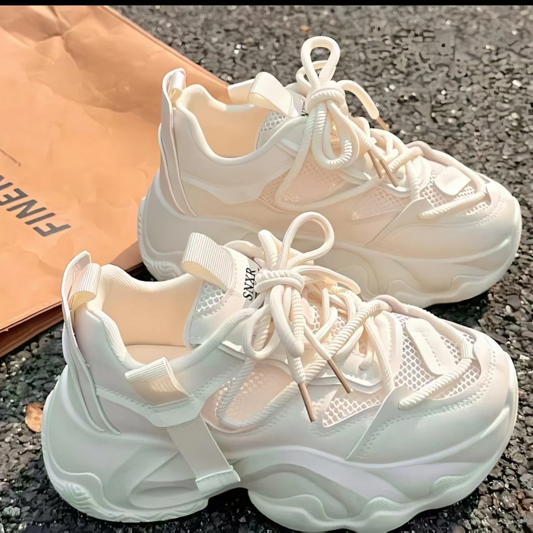 Popular breathable mesh dad shoes single mesh with skirt for women's sneakers thick running dad shoes