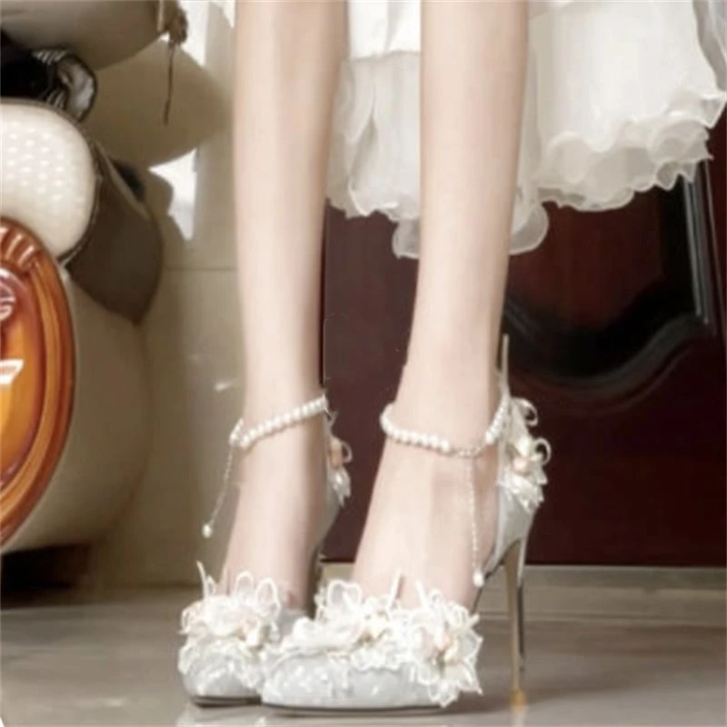 New Balance Official Genuine French Gentle Pointed High Heels Women's 2025 Spring and Summer Lace Flower Pearl Chain Skirt Wedding