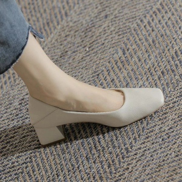2025 new square toe mid-heel professional high heels thick heels single shoes for women's summer soft sole versatile shoes temperament work shoes