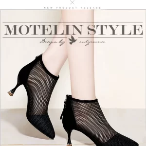 Mesh sandals for women, thick heels, mid-heels, 2025 summer new pointed mesh boots hollow single shoes high heels sandals