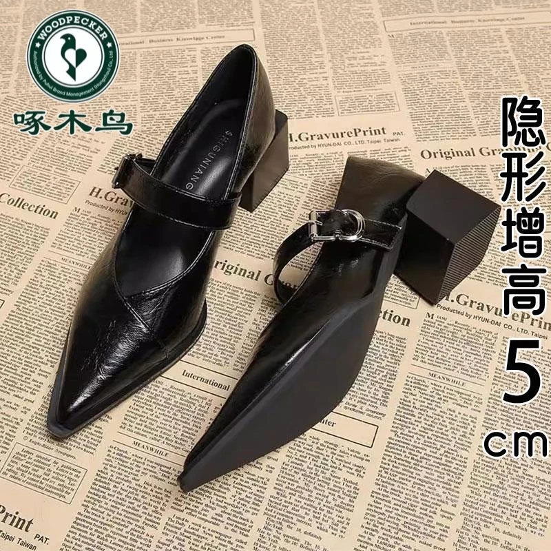 Woodpecker pointed toe Mary Jane single shoes for women in spring and autumn 2025 new popular shallow mouth thick heel small leather shoes