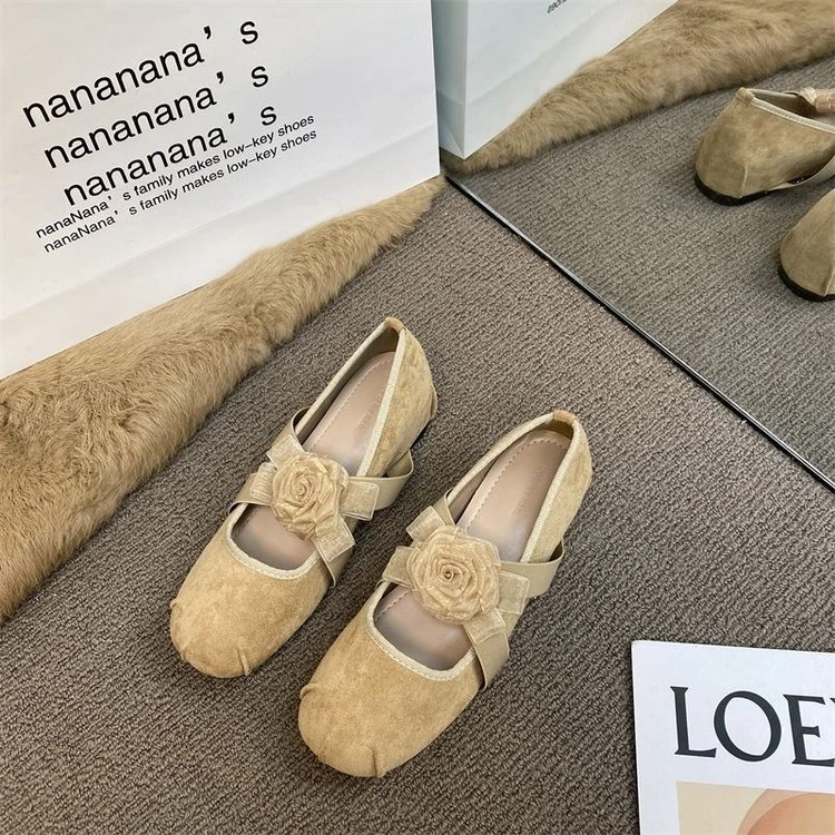 High-high-quality gentle ballet style French single shoes spring and autumn comfortable soft sole round head camellia princess shoes for women