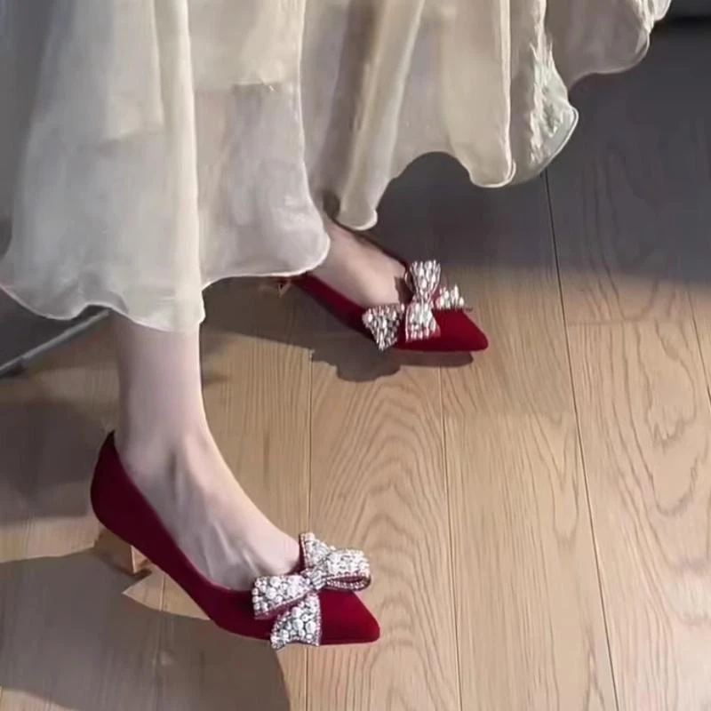 Thick heel Xiuhe Wedding Shoes for Women 2024 New Red High Heels Pearl Bow Niche Wedding Toast Shoes