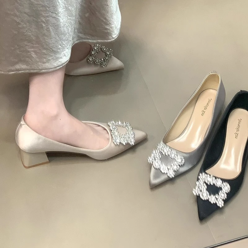 Rhinestone Square Button Heel Mary Jane Single Shoes Women's 2025 Spring New Satin Pointed High Heels Bridal Shoes Wedding Shoes