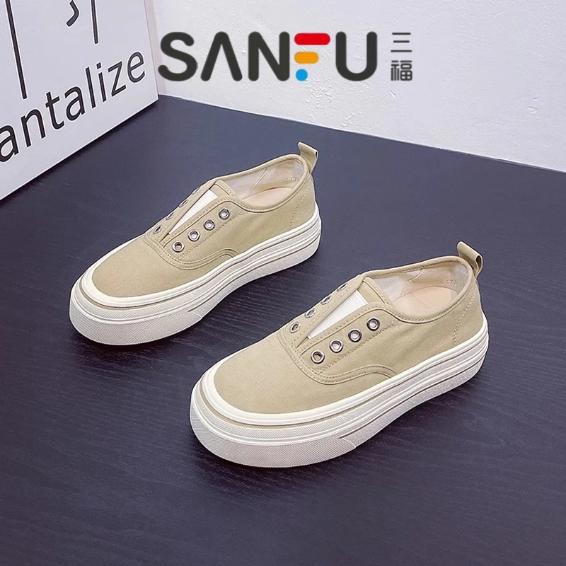 Sanfu thick sole one-legged canvas shoes for women 2025 summer new breathable and versatile lace-up white shoes for women
