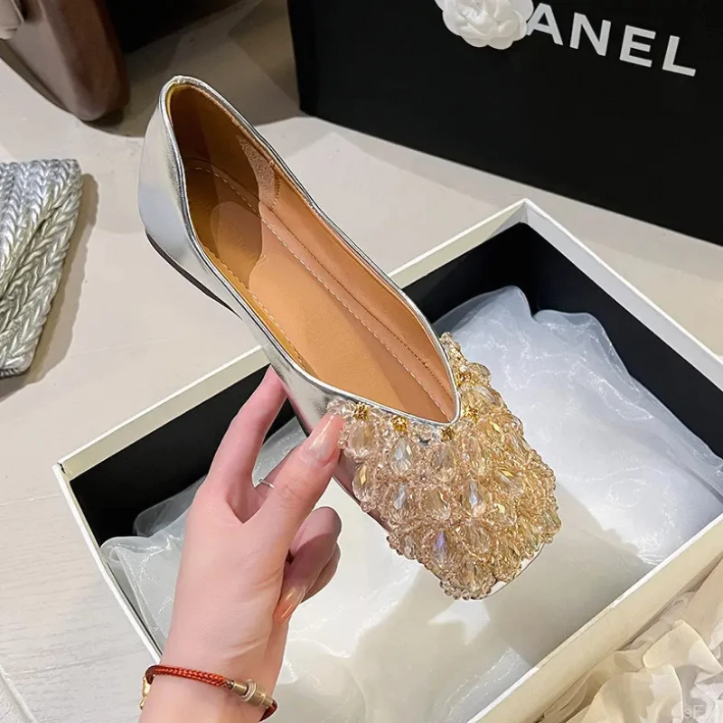 2024 new spring and autumn design crystal wedding shoes square toe handmade single shoes with height-enhanced soft sole versatile rhinestones-8