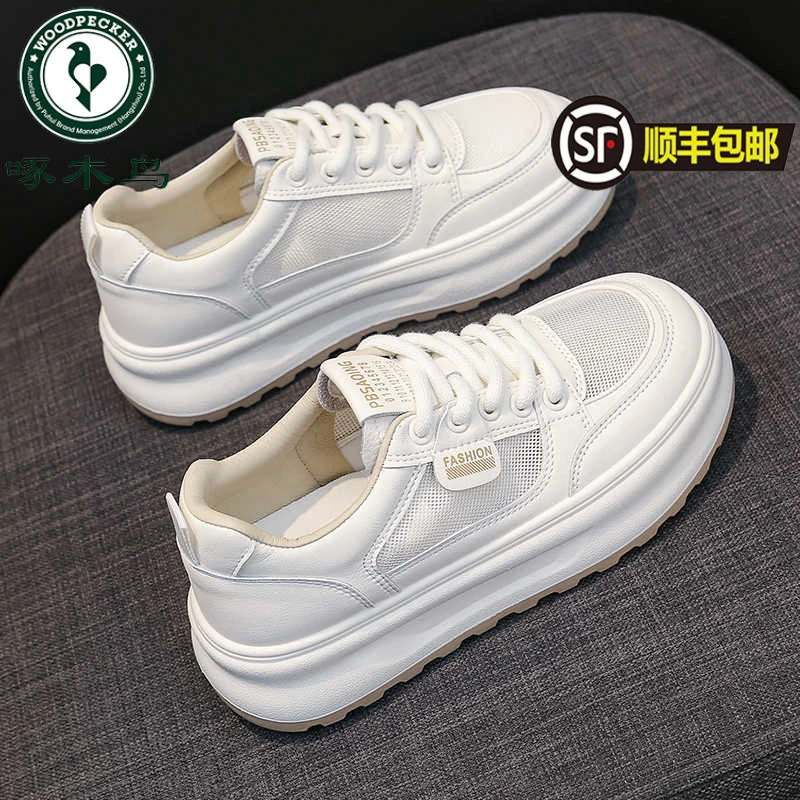Woodpecker white shoes for women 2025 new summer mesh shoes for women breathable mesh thick sole breathable thin board shoes for women