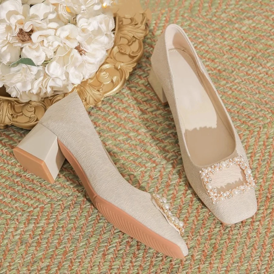 Rhinestone thick heel single shoes for women 2025 spring and autumn style versatile style with skirt mid-heel square-toe high heel wedding shoes