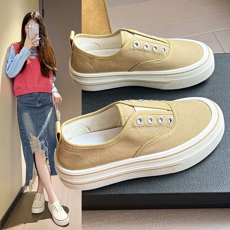 Thick sole elastic one-foot canvas shoes 2025 new versatile breathable casual summer light