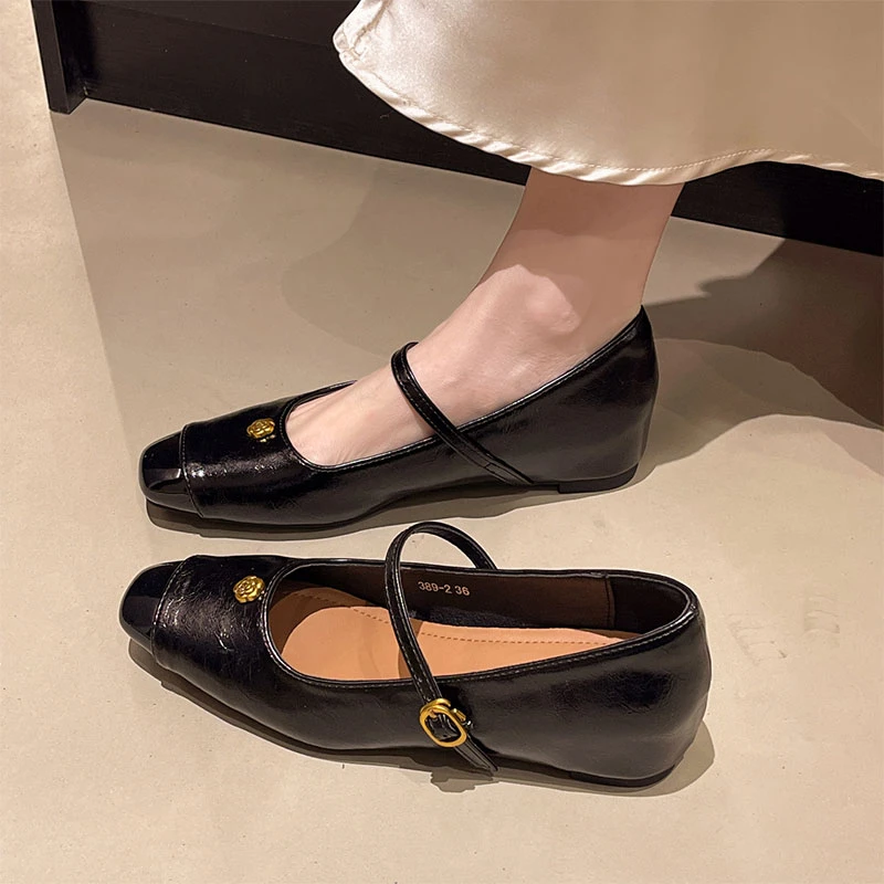 French-style high-rise Mary Jane single shoes retro camellia women's shoes square toe evening style shoes one-button thick heel leather shoes
