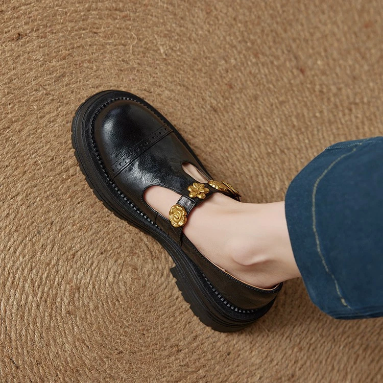 4.5CM~ genuine leather round-toe Mary Jane small leather shoes for women's sponge cake thick-soled T-buckle retro camellia loafers