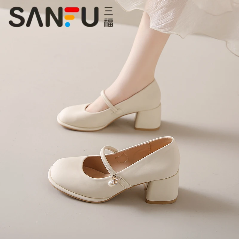 Sanfu Mary Zhen women's shoes spring fashion versatile French medium thick heel single shoes gentle with skirt high heel shoes